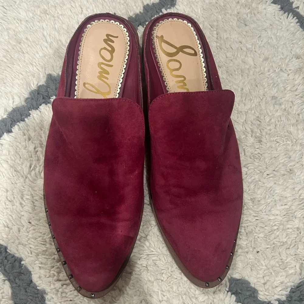 Sam Edelman Wine Suede Leather Pointed Mules with Stud Trim - Picture 2 of 7